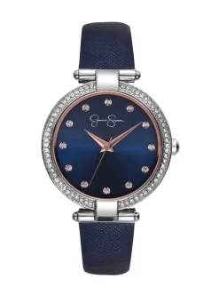 Jessica Simpson Crystal Bezel Navy Strap Watch In Tone< Watches