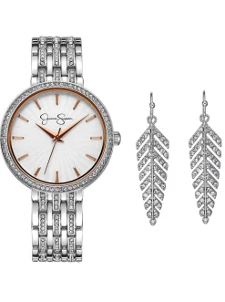 Jessica Simpson Crystal Bezel Watch & Feather Earring Set In Tone< Watches
