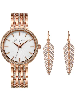 Jessica Simpson Crystal Bezel Watch & Feather Earring Set In Tone< Watches