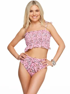 Jessica Simpson Smocked Bandeau Top In < Swim|Two Piece Swim