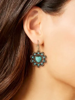 Jessica Simpson Turquoise Stone Ornate Heart Earrings< Turquoise Collection|Earrings